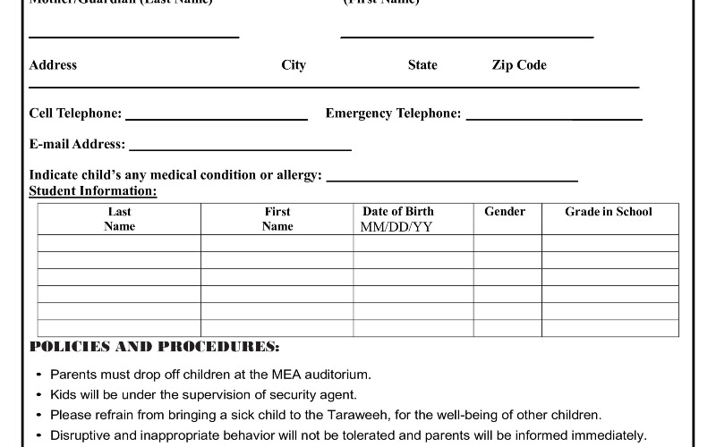 KIDS TARAWEEH REGISTRATION FORM